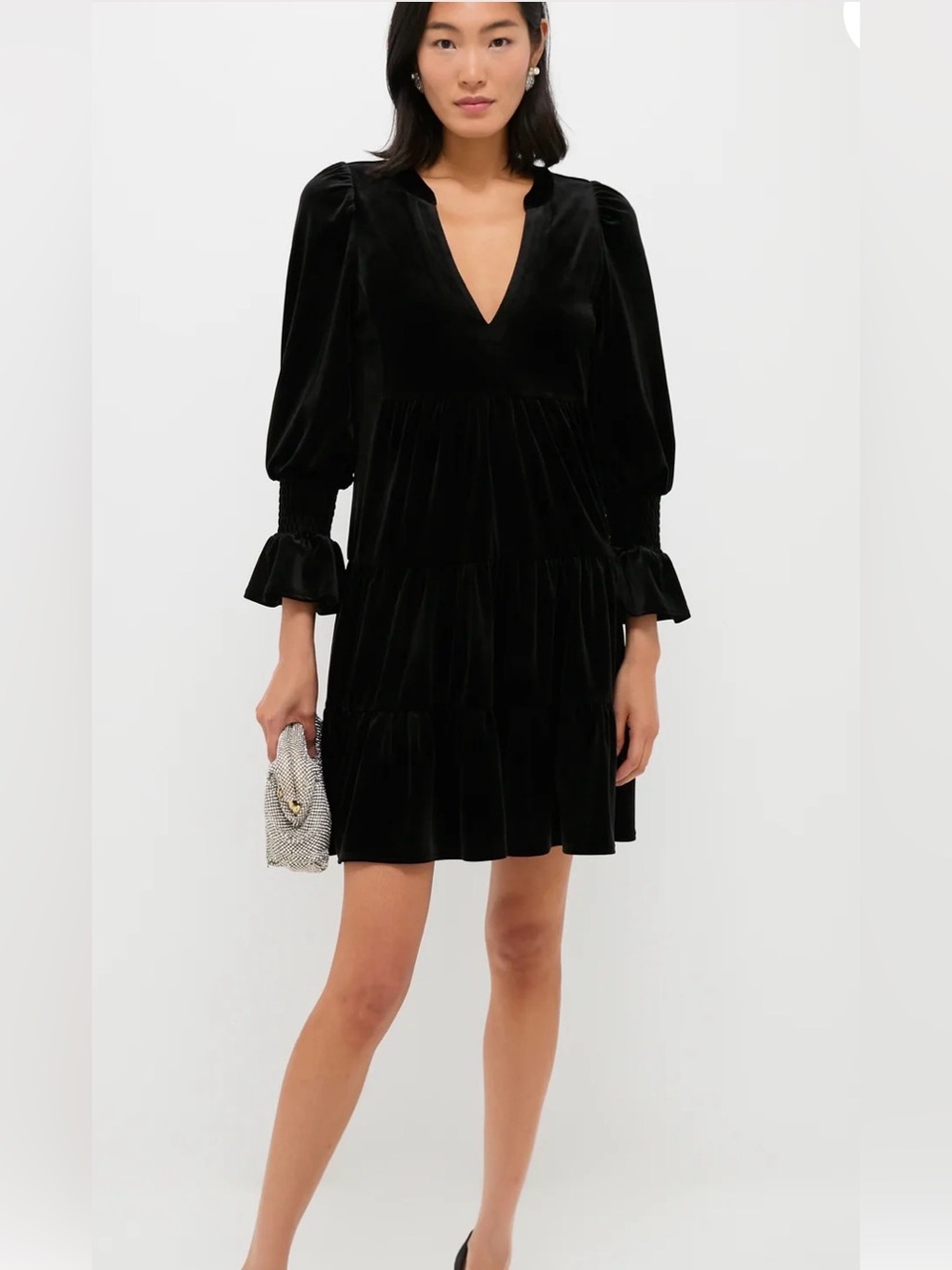 Pomander Place Tuckernuck Kenzo Black Velvet V-Neck Tiered Mini dress. Sz S